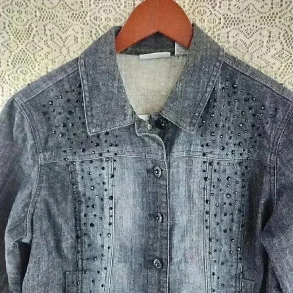 Chico's‎ Platinum Button Stud Denim Jacket Women's 1/ M - Picture 3 of 11